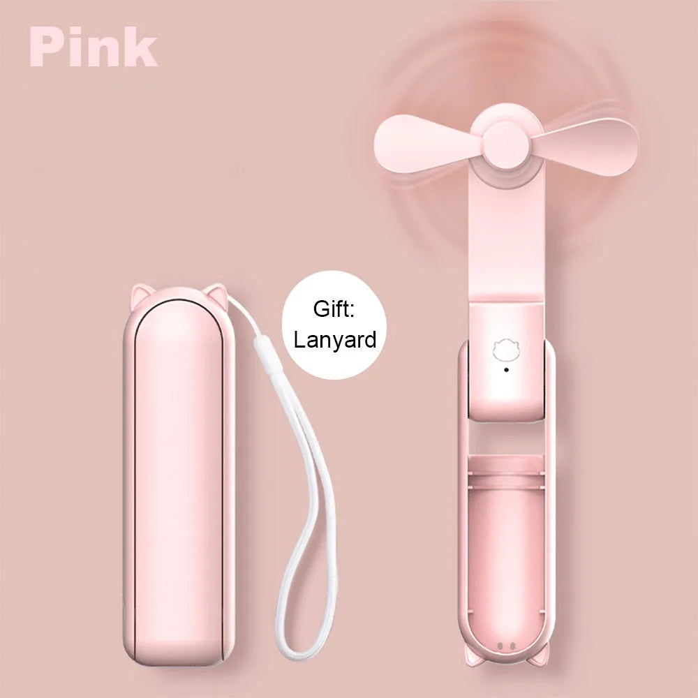 Portable Mini Fan 2000mAh USB Rechargeable 3 Speed Handheld Foldable Fan Hand Held Small Pocket Travel Fan with Handy Power Bank