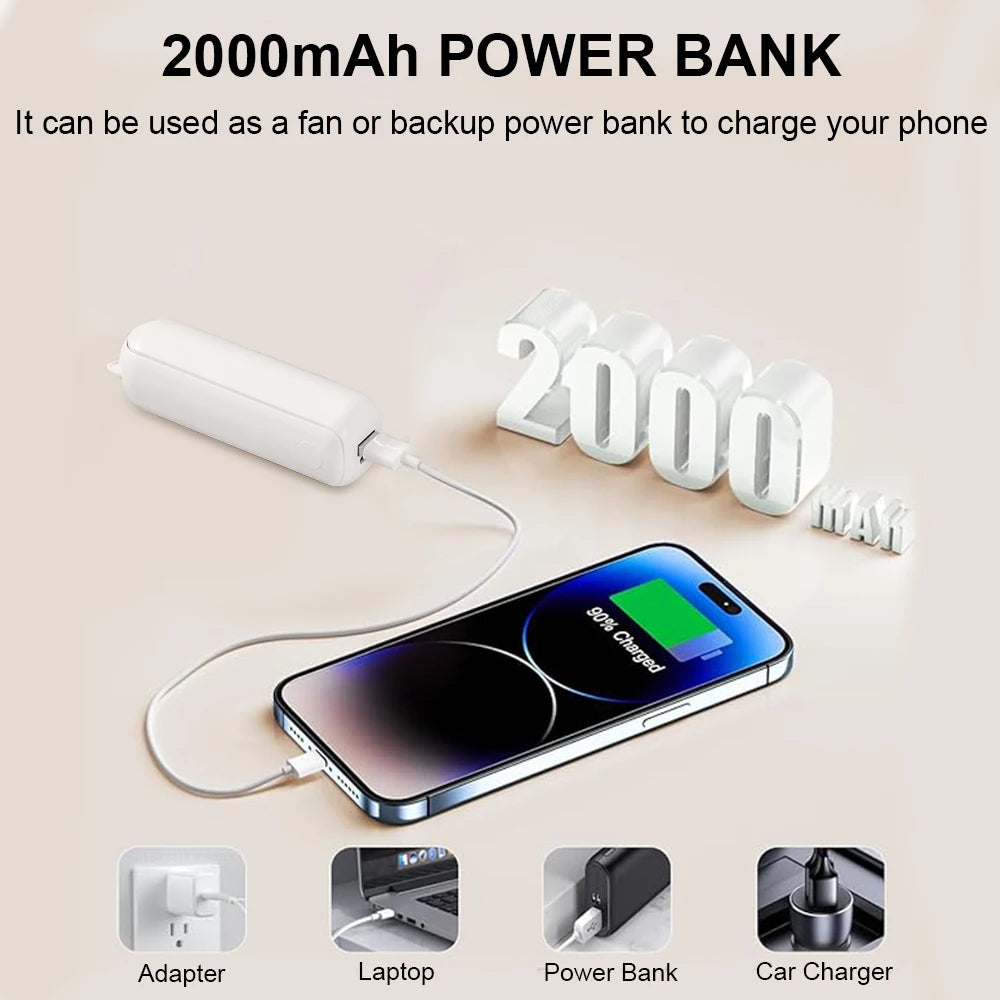 Portable Mini Fan 2000mAh USB Rechargeable 3 Speed Handheld Foldable Fan Hand Held Small Pocket Travel Fan with Handy Power Bank